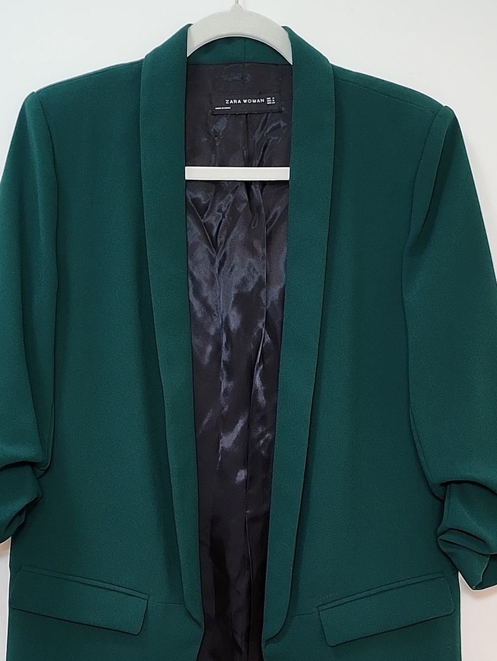 Zara Dark kelly green roll-up sleeve blazer open-front shawl collar front Sz M - Picture 3 of 16